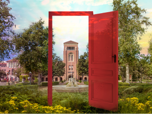 report and response website - cardinal front door in front of USC tower with flowers and trees